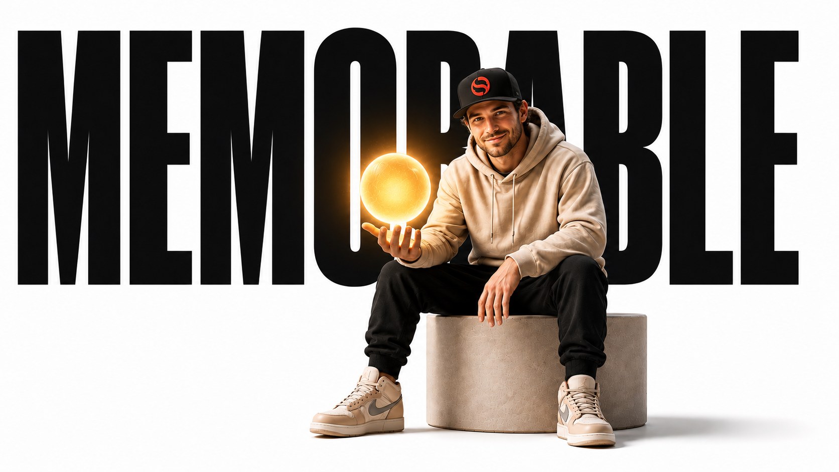 MEMORABLE - a creator holding a glowing orb in front of giant typography